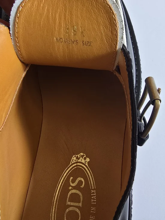 TOD'S Leather Loafer Shoes Size 39.5 Black White - Picture 9 of 10